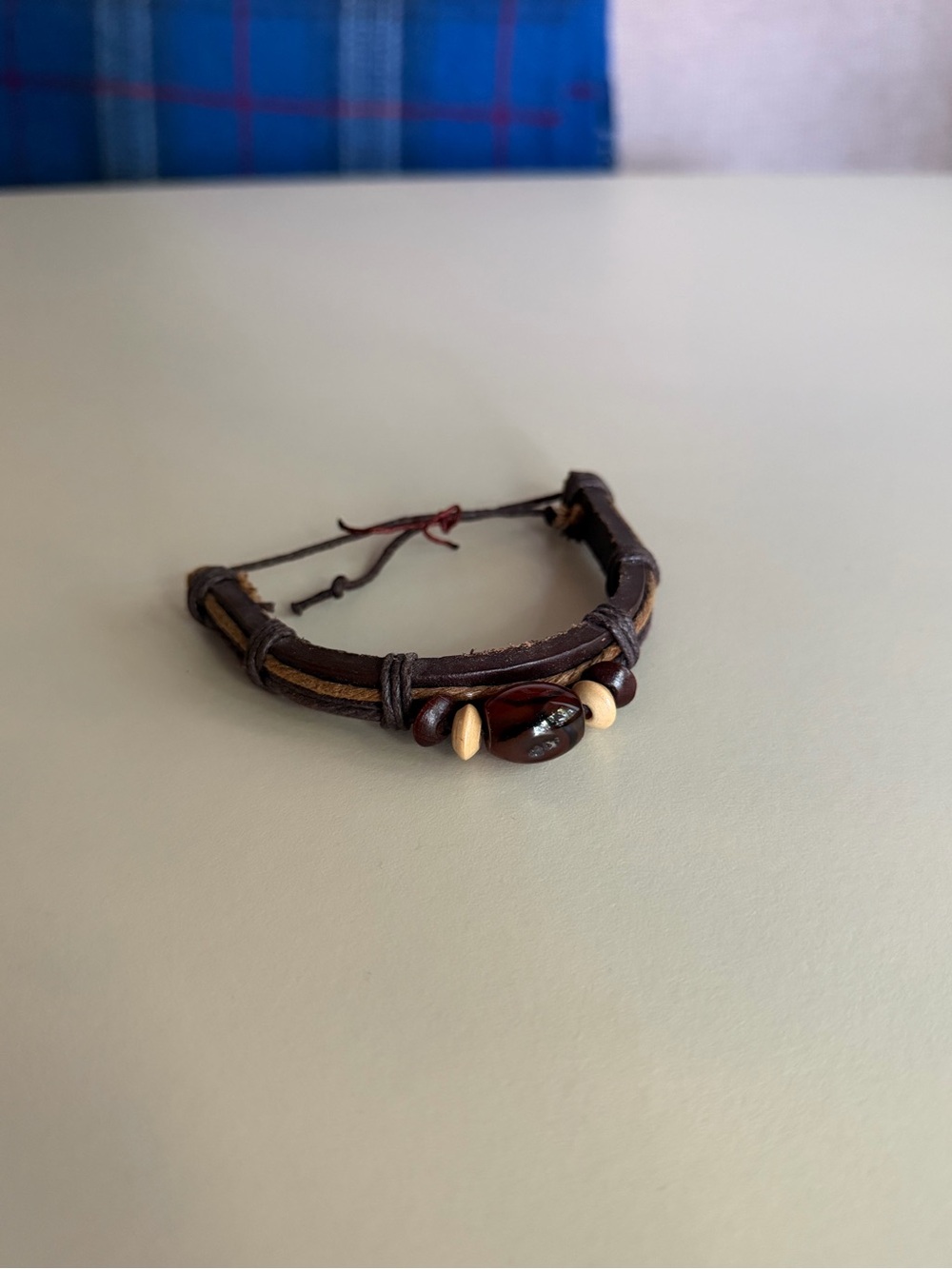 Men's Brown Leather Beaded Bracelet - Casual Adjustable Wristband